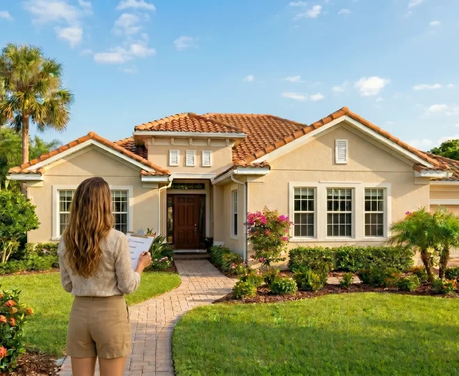 Florida home exterior in spring with blue sky and checklist graphic representing seasonal home maintenance before hurricane season