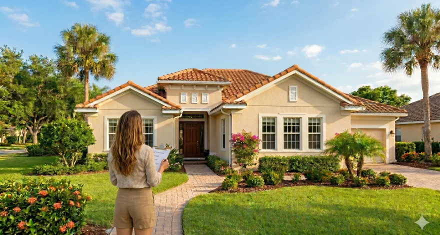 Florida home exterior in spring with blue sky and checklist graphic representing seasonal home maintenance before hurricane season