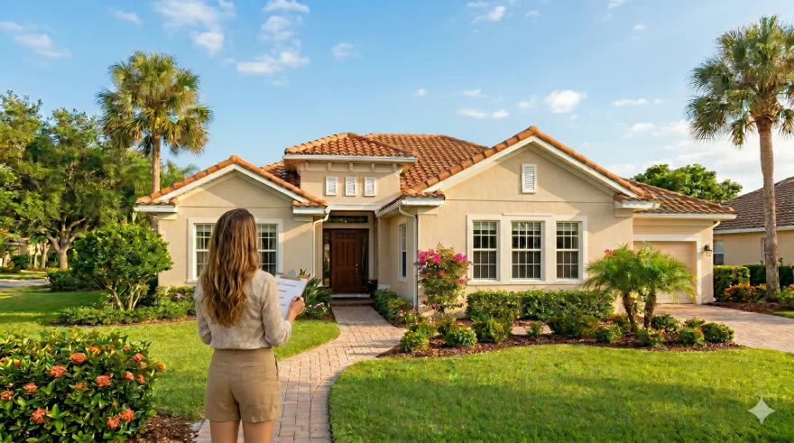Florida home exterior in spring with blue sky and checklist graphic representing seasonal home maintenance before hurricane season